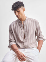 Men's Mauve Vertical Striped Mandarin Collar Casual Shirt