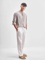 Men's Mauve Vertical Striped Mandarin Collar Casual Shirt