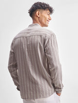 Men's Mauve Vertical Striped Mandarin Collar Casual Shirt