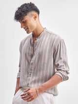 Men's Mauve Vertical Striped Mandarin Collar Casual Shirt