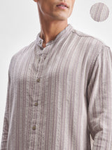 Men's Mauve Vertical Striped Mandarin Collar Casual Shirt