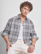 Men's Cream and Grey Relaxed Fit Checked Long Sleeves Casual Shirt