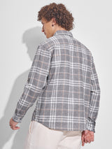 Men's Cream and Grey Relaxed Fit Checked Long Sleeves Casual Shirt