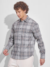 Men's Cream and Grey Relaxed Fit Checked Long Sleeves Casual Shirt