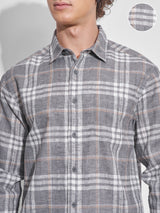 Men's Cream and Grey Relaxed Fit Checked Long Sleeves Casual Shirt