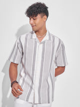 Men's Grey and Off White Striped Cuban Collar Relaxed Fit Casual Shirt