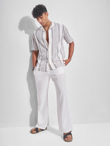 Men's Grey and Off White Striped Cuban Collar Relaxed Fit Casual Shirt