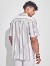 Men's Grey and Off White Striped Cuban Collar Relaxed Fit Casual Shirt