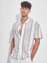 Men's Grey and Off White Striped Cuban Collar Relaxed Fit Casual Shirt
