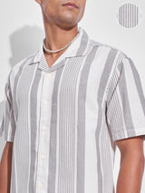 Men's Grey and Off White Striped Cuban Collar Relaxed Fit Casual Shirt