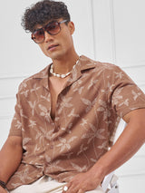 Men's Rust Cream Printed Cuban Collar Relaxed Shirt
