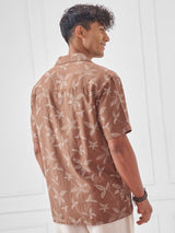 Men's Rust Cream Printed Cuban Collar Relaxed Shirt