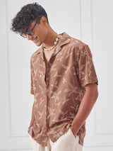 Men's Rust Cream Printed Cuban Collar Relaxed Shirt