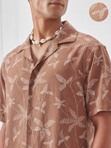 Men's Rust Cream Printed Cuban Collar Relaxed Shirt