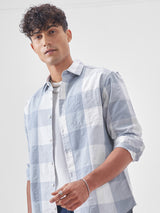 Men's Blue and Off White Seer Sucker Relaxed Checked Shirt