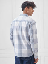 Men's Blue and Off White Seer Sucker Relaxed Checked Shirt