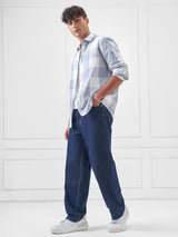 Men's Blue and Off White Seer Sucker Relaxed Checked Shirt