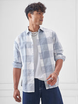 Men's Blue and Off White Seer Sucker Relaxed Checked Shirt