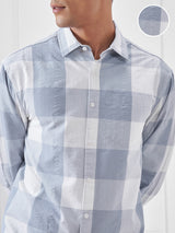 Men's Blue and Off White Seer Sucker Relaxed Checked Shirt