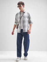 Men's Grey and Off White Seer Sucker Relaxed Checked Shirt