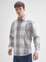 Men's Grey and Off White Seer Sucker Relaxed Checked Shirt