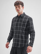 Men's Black Chinelle Yarn Dobby Checked Relaxed Shirt