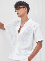 Men's White Placet Embroidered Cuban Collar Relaxed Shirt