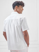 Men's White Placet Embroidered Cuban Collar Relaxed Shirt