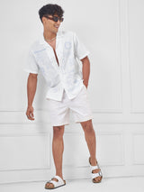 Men's White Placet Embroidered Cuban Collar Relaxed Shirt