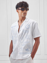 Men's White Placet Embroidered Cuban Collar Relaxed Shirt