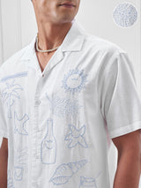 Men's White Placet Embroidered Cuban Collar Relaxed Shirt