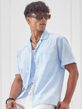 Men's Aqua Blue. Placet Embroidered Cuban Collar Relaxed Shirt