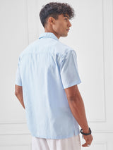 Men's Aqua Blue. Placet Embroidered Cuban Collar Relaxed Shirt