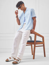 Men's Aqua Blue. Placet Embroidered Cuban Collar Relaxed Shirt