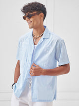 Men's Aqua Blue. Placet Embroidered Cuban Collar Relaxed Shirt