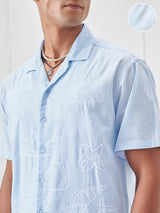 Men's Aqua Blue. Placet Embroidered Cuban Collar Relaxed Shirt