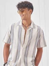 Men's Cream Multi Dobby Cuban Collar Relax Striped Shirt
