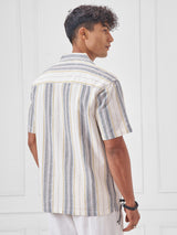 Men's Cream Multi Dobby Cuban Collar Relax Striped Shirt