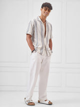 Men's Cream Multi Dobby Cuban Collar Relax Striped Shirt