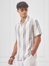 Men's Cream Multi Dobby Cuban Collar Relax Striped Shirt
