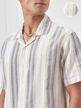 Men's Cream Multi Dobby Cuban Collar Relax Striped Shirt