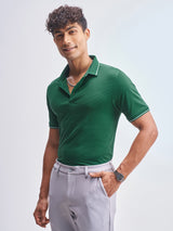 Men's Bottle Green Solid Polo Collar Tshirt