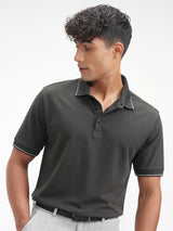 Men's Dark Grey Polo Collar Cotton Relaxed Fit Tshirt