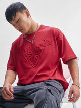 Men's Red Graphic Puff Printed Round Neck Drop-Shoulder Sleeves Oversized Casual Tshirt