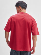 Men's Red Graphic Puff Printed Round Neck Drop-Shoulder Sleeves Oversized Casual Tshirt