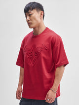 Men's Red Graphic Puff Printed Round Neck Drop-Shoulder Sleeves Oversized Casual Tshirt