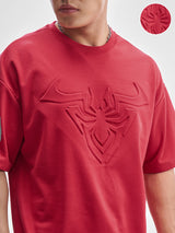 Men's Red Graphic Puff Printed Round Neck Drop-Shoulder Sleeves Oversized Casual Tshirt