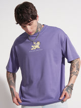 Men's Purple Garfield Graphic Printed Round Neck Oversized Tshirt