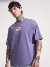 Men's Purple Garfield Graphic Printed Round Neck Oversized Tshirt