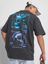 Men's Black Graphic Printed Round Neck Relaxed Fit Tshirt